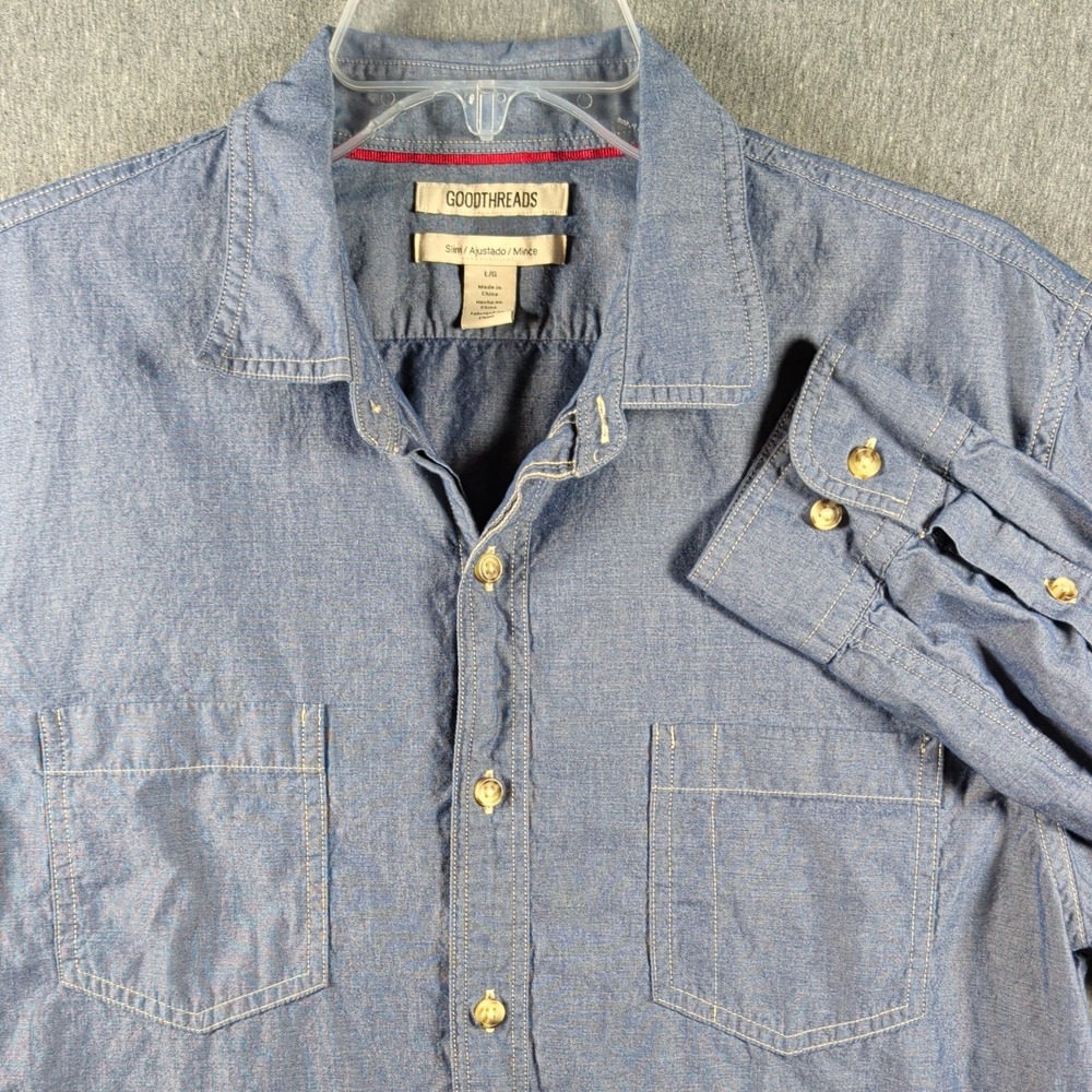 Goodthreads Indigo Chambray Mens Sz L Button Down Shirt Slim Fit Casual Preppy